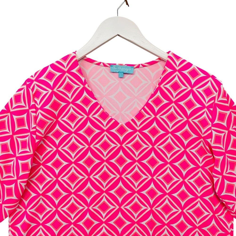 Anthonys Resort Wear Womens Pink Geometric V-Neck 3/4 Sleeve Top Large - Picture 4 of 7
